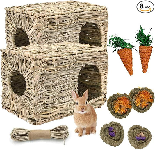 kathson 2 Pcs Large Rabbit Grass House Natural Foldable Hand Woven Seagrass Bed Carrot Hay Toy Hut Safe Comfortable Playhouse with 6 PCS Bunny Chew Toys for Bunny Hamster Guinea Pig Chinchilla Ferret