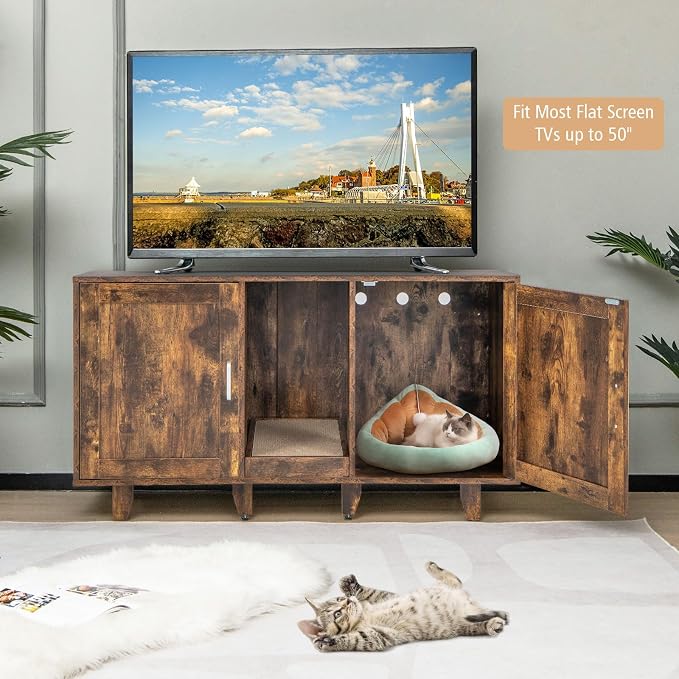 Tangkula Patented Double Cat Litter Box Enclosure for 2 Cats, Large Stackable Hidden Privacy Cat Washroom Cabinet with Scratching Board, Indoor Cat House TV Stand, Litter Box Furniture (Rustic Brown)