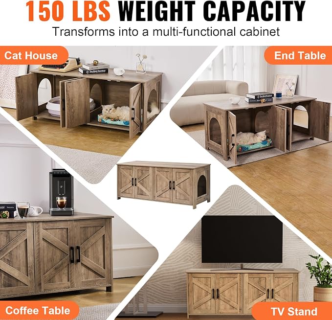 VEVOR Cat Litter Box Enclosure for 2 Cats, Litter Box Furniture Hidden with Double Rooms, Wooden Cat Box Cabinet Fit Most of Litter Box