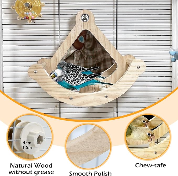 Bird Perch Toy with Mirror for Cage, Wooden Interactive Rocking Exercise Wheel, Spinner Rattle Chewing Enrichment Toy, Cage Accessories for Parakeet Cockatiel Conure (1pc, Random Color)