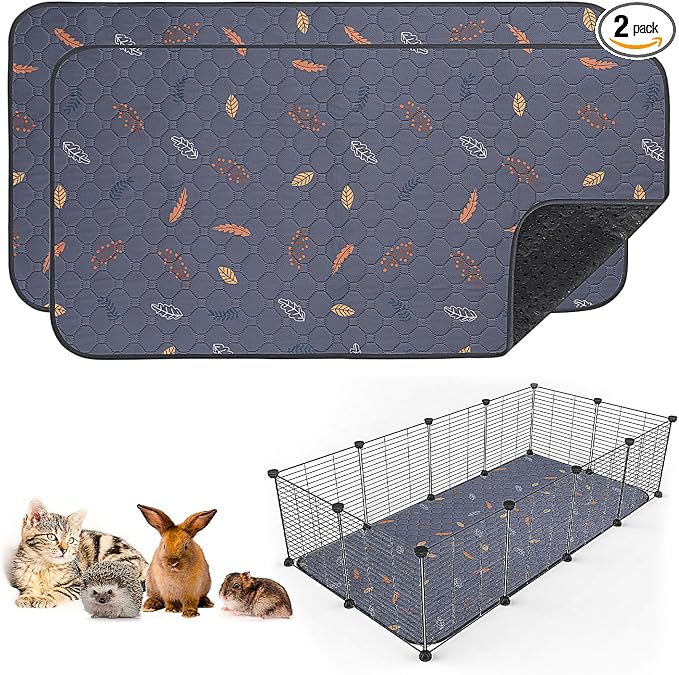 Sunheir 2 Pack Washable Guinea Pig Pee Pads, 24" x 48" Waterproof Reusable Guinea Pig Cage Liners, Absorbent Bedding Training Mat for Small Animal Guinea Pigs Rabbit Bunny Hamster (Leaves - Deep Grey)