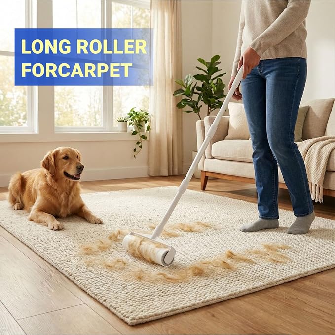 2 Pack Large Pet Hair Lint Roller Set, 9.45" Extra Wide & Extra Sticky Roller, Extendable Long & Short Handle, 6 Refills, Pet Hair & Lint Remover for Floors, Carpet, Couch and Furniture