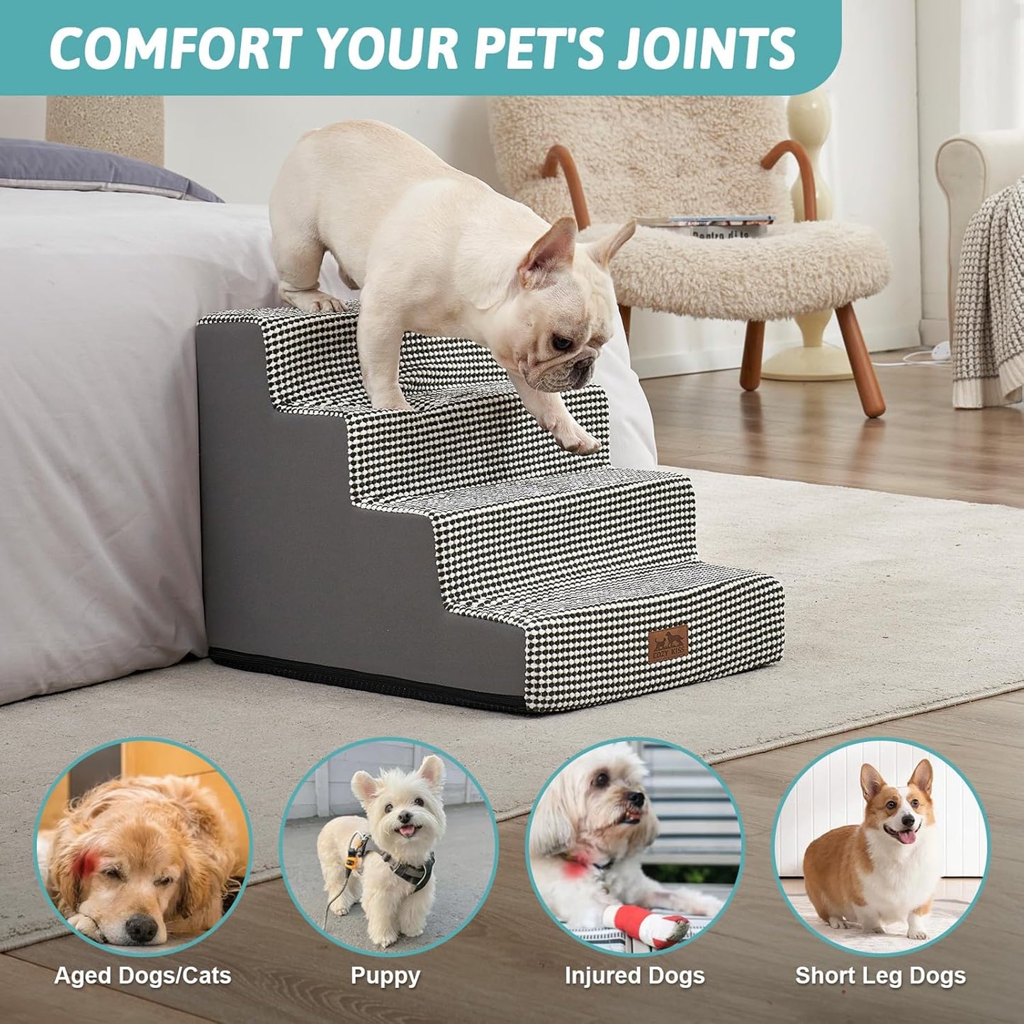 Dog Stairs for Small Dogs, 4 Tier Wider Pet Stairs for Couch and Beds, 17.7" H Non-Slip Dog Steps for Old Cats, Puppy, Small Medium Dogs, 17.7x23.6x17.7 inch, White Black