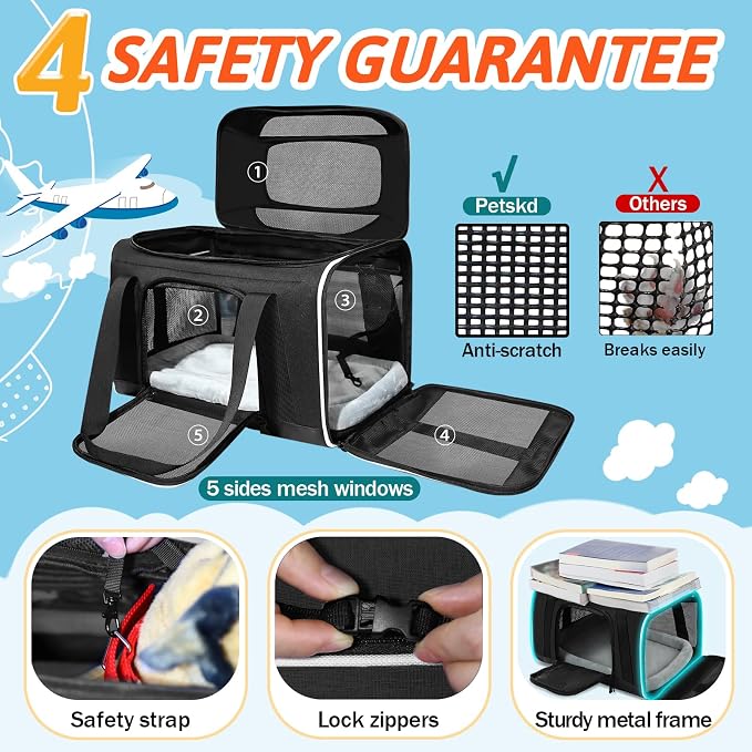Petskd Top-Expandable Small Pet Carrier with Wheels (17" L x 11" W x 9.5" H), Alaska Airlines Approved, Rolling Pet Carrier for Small Dogs & Cats (Black)