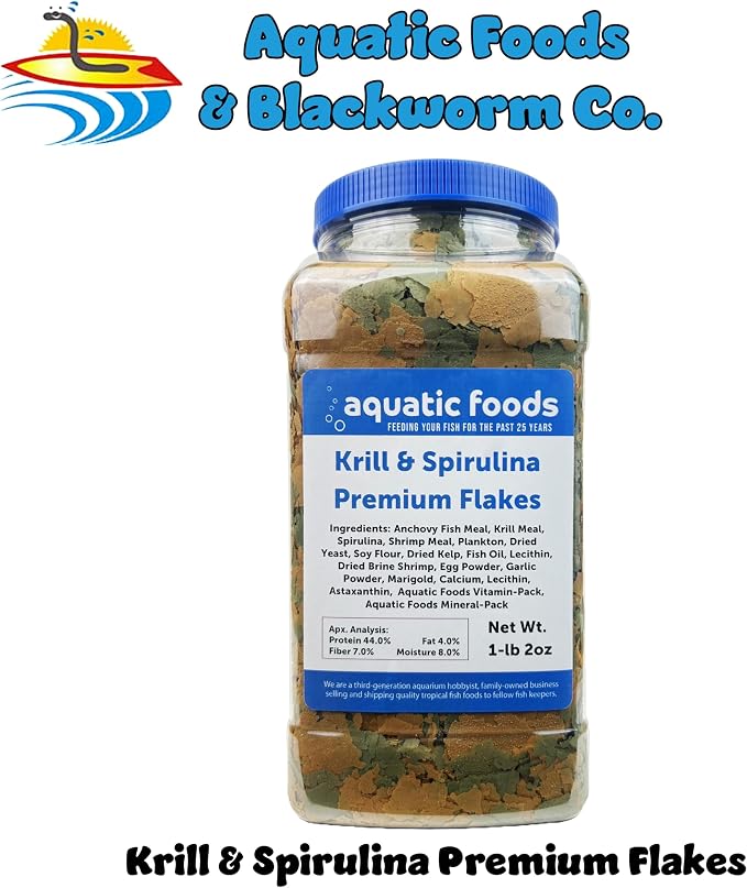Premium Krill & Spirulina Flakes for Cichlids, Discus, Angels, Tetras, Guppies, Koi, Goldfish, All Tropical Fish Also Pellet Mix, Wafer Mix Included…1-lb 2oz