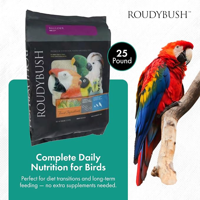 RoudyBush Breeder Food for Breeding & Weaning Birds, Pelleted Diet Made with Corn, Wheat & Soy, Daily Food for Small & Medium Parrots, Nibble Pellet, 25 LB