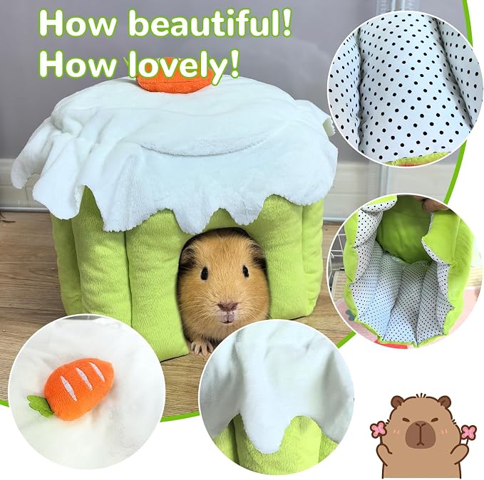 Guinea Pig Hideout, Warm Bunny House, Washable Winter Dwarf Rabbit Bed for Hamster, Chinchilla, Hedgehog,Ferret & Other Small Animals (Green-M)