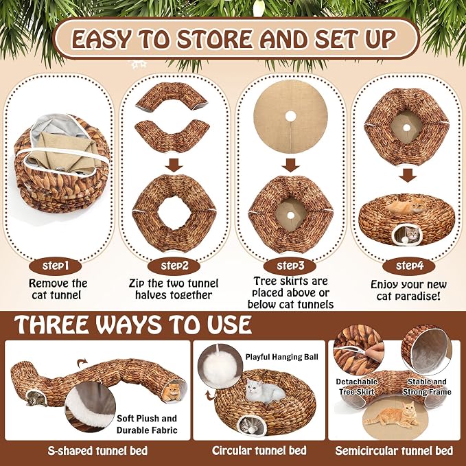 Soulchen Christmas Cat Tunnel Bed 3FT x 3FT x 9.8IN Indoor Cat Donut Tunnels Peekaboo Cave Toy 3 Way Winter Holiday Decor for Kitty Rabbit Ferret Puppy(Woven Brown)