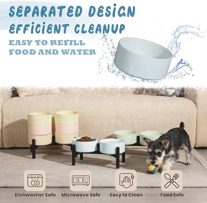 Ceramic Elevated Dog Bowl Set - Dog Feeder Station with Cute-Style Double Bowls for Small and Medium Size Breed - Non-Slip Raised Dish for Food and Water Feeding- 6 Inch - 3.5 Cups / 20 fl oz - Green