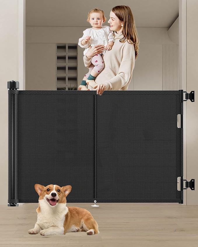 Miumoon 59 inch Retractable Baby Gates 34 inch Tall, Retractable Gate with Reinforced Strip Design to Prevent Crawling Through, 5 FT Retractable Dog Gate for Stairs, Doorways, Hallways, Indoor/Outdoor