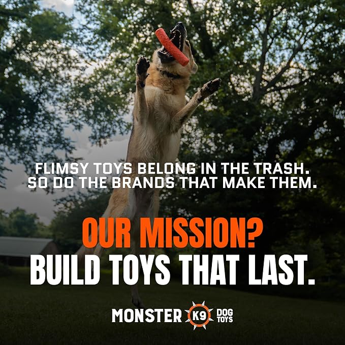 Monster K9 Indestructible Stick Dog Toy - Lifetime Replacement - Durable for Aggressive Chewers - Safe Non-Toxic Natural Rubber - Chew, Tug & Fetch - Tough, Heavy Duty - USA Made - Solid-Core, 9" x 2"
