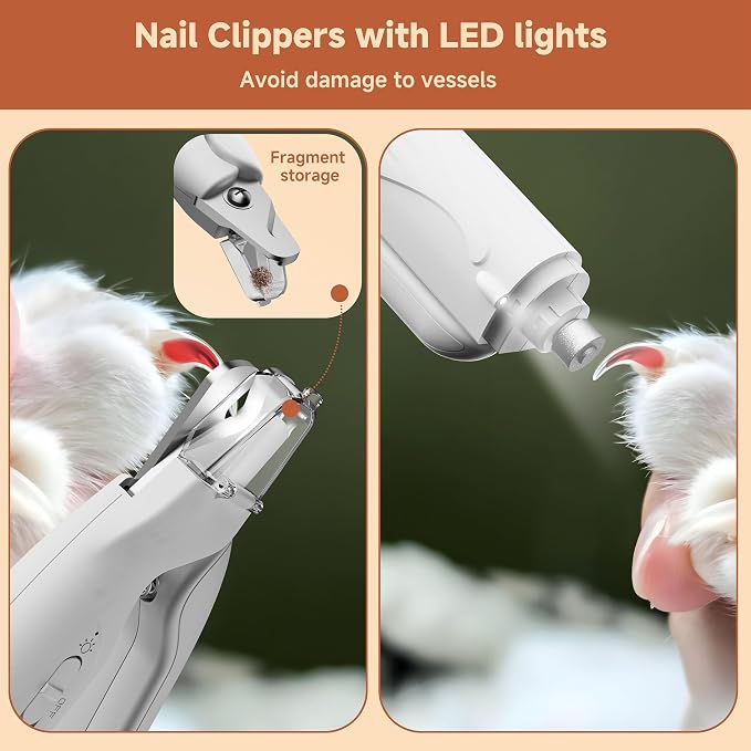 2-in-1 Dog Nail Clippers with Lights 2 LED & Dog Nail Grinder Quiet, Dog Nail Trimmers, USB Rechargeable and Splash Guard, Pet Nail Grinder for Small, Medium, and Large Dogs & Cats