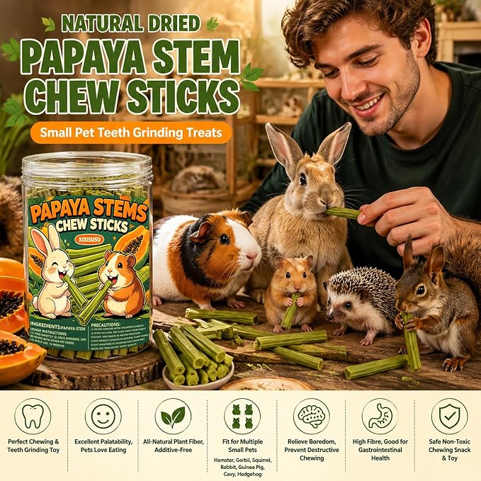 40pcs Natural Papaya Stems Chew Toys, Small Pet Molar Sticks for Rabbits, Hamsters, Chinchillas, Guinea Pigs, Squirrels & Hedgehogs