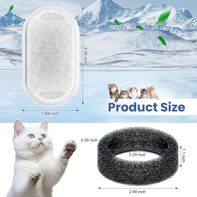 Cat Water Fountain Filters Replacement, 20 Pcs Pet Water Fountain Filter with 20 Pcs Foam Sponges for 67oz/2L & 108oz/3.2L Stainless Steel Pet Cat Water Fountain Dispenser Filters