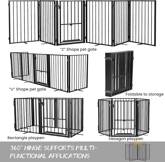 Full Metal Freestanding Dog Gate with Cat Door for Outdoor & Indoor,34" Tall Foldable Pet Fence,40" Extra Wide Free Standing Dog Gate for RV Camping,Stairs,Hallways,Doorways,Deck,Yard (2 Panels,Black)