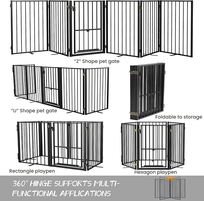 Metal Freestanding Dog Gate with Cat Door for Outdoor & Indoor,34" Tall Foldable Pet Fence,120" Extra Wide Dog Gate for RV Camping,Stairs,Hallways,Doorways,Deck,Yard,with 5PCS Support(6 Panels,Black)