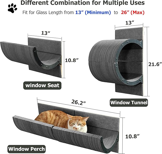 Cat Window Perch with Scratching Bed,Versatile Climbing Shelves Mounted by Strong Suction Cups, Solid Metal Frame and Anti-Slip Felt for Hide,Nap and Sunbath, Glass Protection Design(Grey)