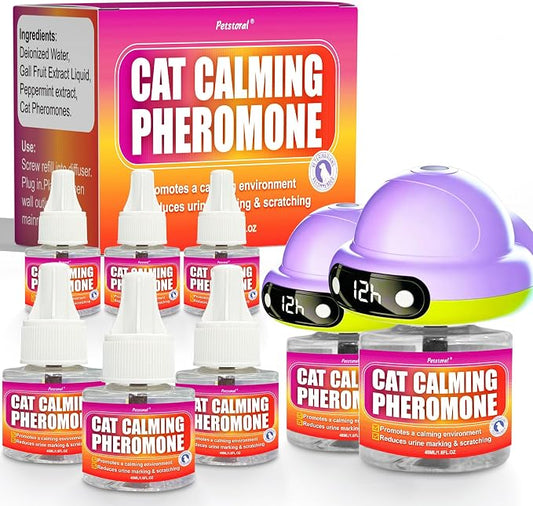 Petstoral Cat Pheromone Diffuser with Timer, Smart 4/8/12/24-Hour Auto-On Schedule, Helps Reduce Anxiety, Urine Spraying, Scratching & Aggression for Multi-Cat Homes (2 Smart Diffuser, 6 Refills)