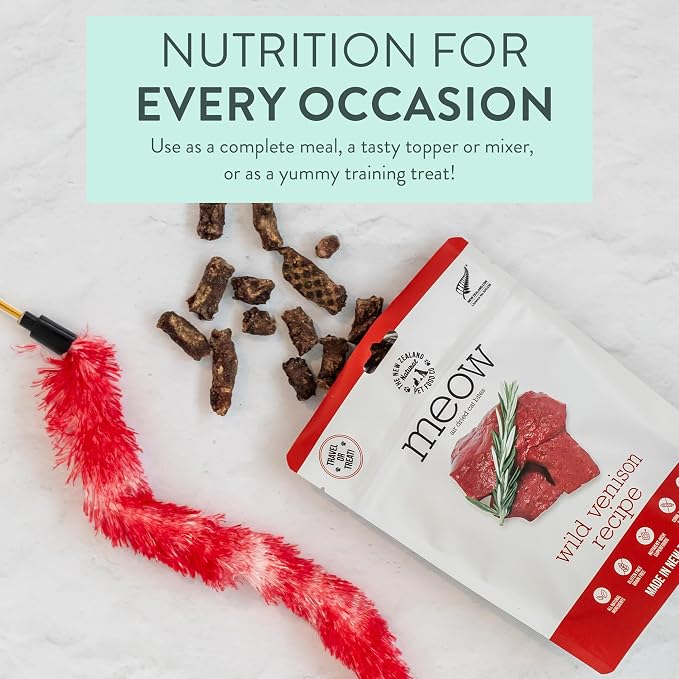 The New Zealand Natural Pet Food Co. Meow Air Dried Cat Food - Wild Venison Recipe, High Protein Dry Food Use as a Complete Diet, Topper, Mixer, or as Cat Training Treats, All Life Stages, 26.5 oz