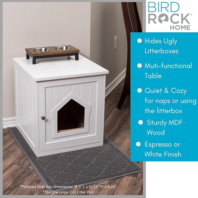 BIRDROCK HOME Cat Litter Box Furniture Enclosure - Hidden Kitty Litter Cat House with Hinged Door, Nightstand, Side Table & Pet Crate, Indoor & Outdoor Wood Cabinet for Small Cats and Dogs - White