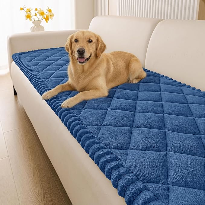 Smiry Couch Cover for Dogs, Non Slip Washable Pet Sofa Protector for Large Dogs, Cats, Fuzzy Plush Sofa Covers for 3 Cushion Couch, Against Fur, Dirt & Scratch Resistant, Navy, 27.6"×95"