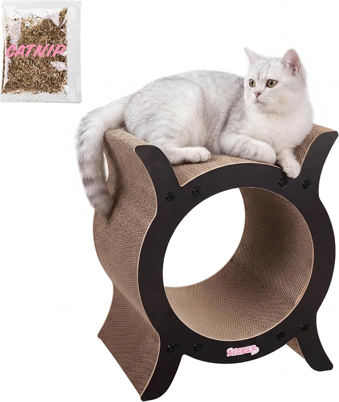 Nyan 16.5" Modern Cardboard Tunnel Cat Scratcher House with Catnip, Corrugated Indoor Cat Hideaway Den, Solid Black Scratching Surface for All Cats CSR1007J