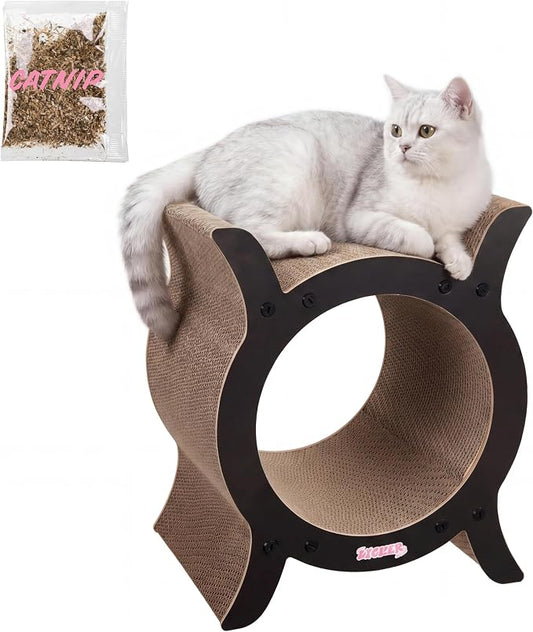 Nyan 16.5" Modern Cardboard Tunnel Cat Scratcher House with Catnip, Corrugated Indoor Cat Hideaway Den, Solid Black Scratching Surface for All Cats CSR1007J