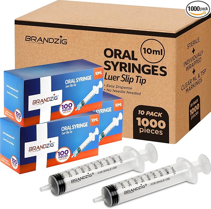 1000 PCS - 10ml Oral Syringes – Luer Slip Tip, No Needle, Individually Blister Packed - Medicine Administration For Infants, Toddlers and Small Pets (No cover) - Bulk Case - 10 boxes of 100 PCS (1,000 pcs)