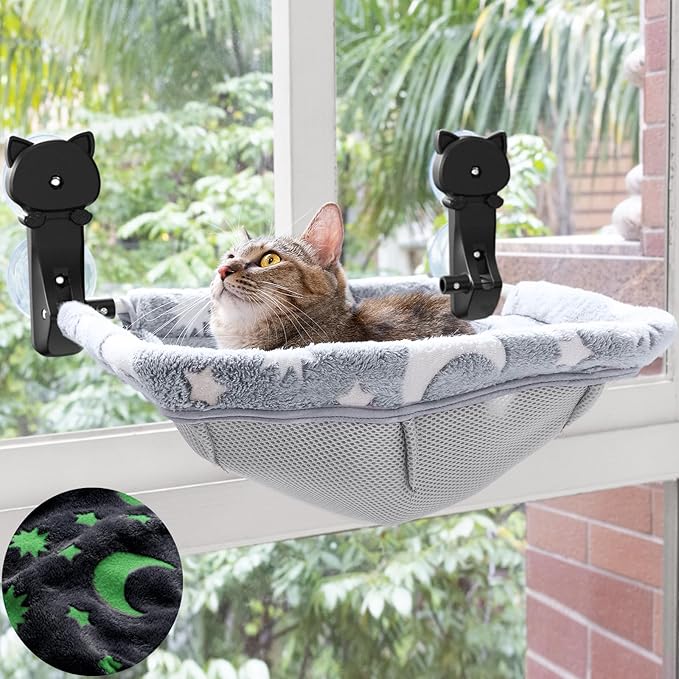 JUNSPOW Cat Window Perch Cordless, Glow in The Dark & Stable Cat Beds- Breathable Window Hammock for Overlooking, Sunbathing and Climbing - Maximum Hold Up to 40lb(Grey)