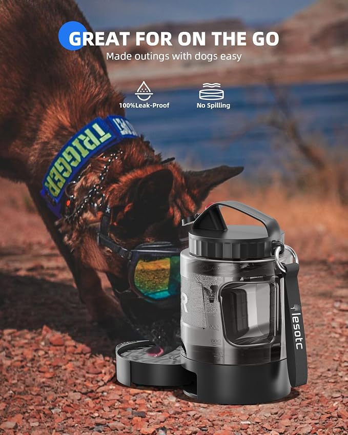 lesotc Portable Dog Water Bowl Dispenser - 77oz Travel Water Bottle with Pop-Out Drinking Bowl, No-Spill Design for Camping, Hiking & Car Rides - Keep Your Dog Hydrated Anywhere, Black