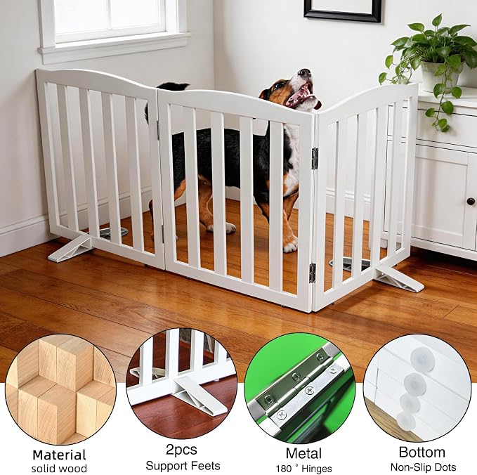 ZJSF Foldable Freestanding Indoor Dog Gate for House Wood White Long Pet Gates Dog Fence for Stairs Puppy Gates for Hallways,Pet Fence, Puppy Gate,Support Feet Included 32 "Height-3 Panels