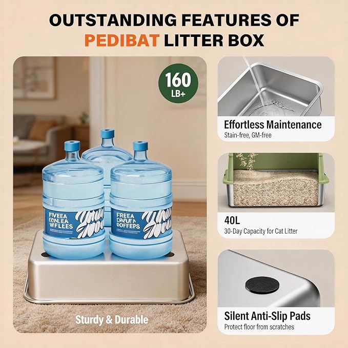 Extra Large Enclosed Stainless Steel Litter Box with Lid，Side Entry Top Exit High Sided Metal Cat Litter Pan，Non-Stick Easy Cleaning Anti-Urine Leakage for Big Cats，Includes Scoop & Step, Green