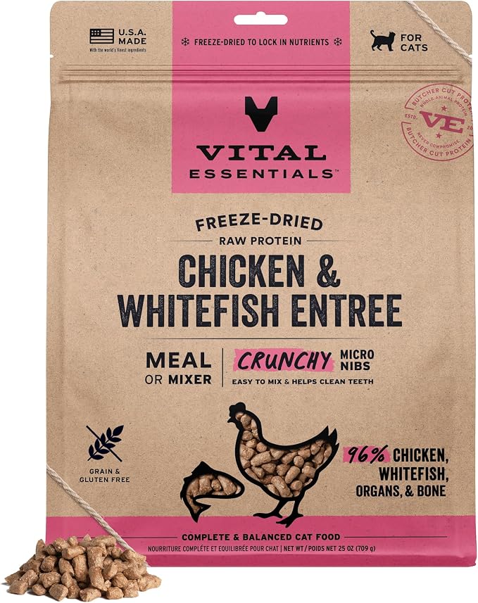 Vital Essentials Freeze Dried Cat Food, Raw Protein Chicken & Whitefish Micro Nibs | Complete Meal or Mixer | 96% Meat, Organs & Bone | High Protein, Low Carb, Grain Free, Dry Cat Food | 25 oz