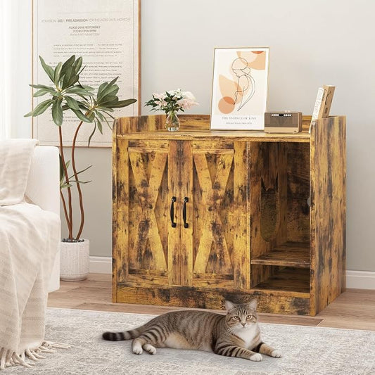 Cat Litter Box Enclosure,Hidden Litter Box Furniture with Divider,Indoor Cat House,Wooden Cat Washroom Storage Cabinet Bench, Side End Table Nightstand, 33.07" L × 23.62" W × 23.92" H,Rustic Brown
