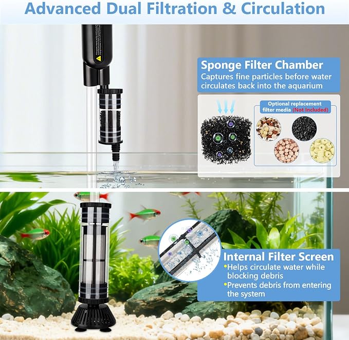 AQQA Upgraded DC 18W Electric Aquarium Vacuum Gravel Cleaner, Anti-Clog Pre-Filter Design, 7-in-1 Multifunctional Fish Tank Cleaning Kit for Dirt Removal, Water Change, Sand Washing, Turtle Shower