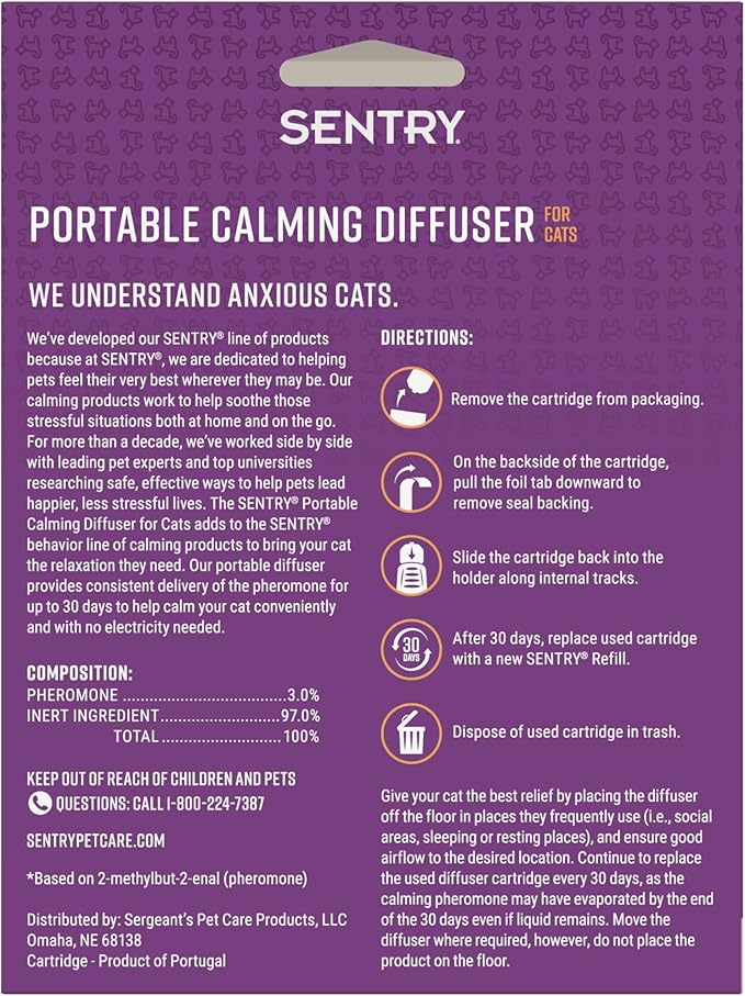 Sentry Behavior Portable Calming Diffuser for Cats, Reduces Response to Normal Stress and Bad Behavior with Calming Pheromones, Easy-to-use Portable Design, 30 Day Release