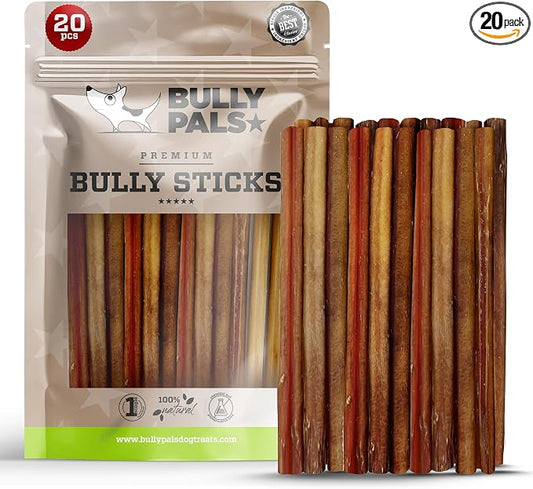 6 inch Thin Bully Sticks for Small Dogs and Puppies (20 Pack) - All Natural, Single Ingredient, Easily Digestible, All Beef Dog Treats and Rawhide Free Dental Chew Bones for Dogs