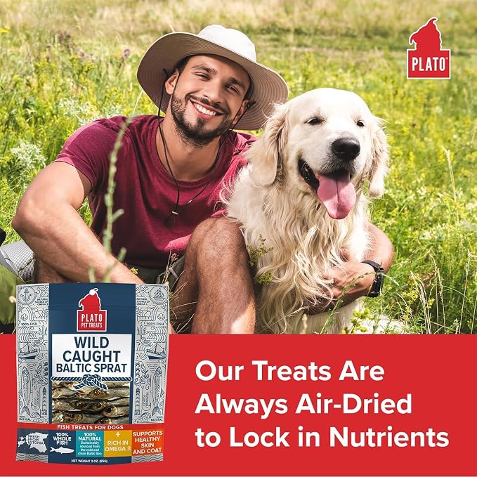 PLATO Pet Treats Fish Dog Treats - Air-Dried, Single Ingredient Pet Treat - Omega 3 & 6 Fatty Acids to Support Skin and Coat - 100% Whole Fish - Wild Caught Baltic Sprat - 7.5 oz - 2 Pack