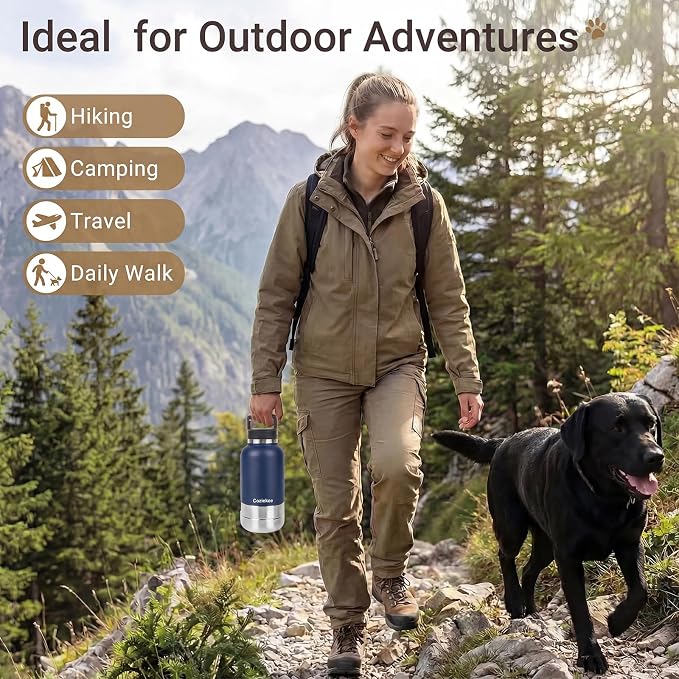 3-in-1 Dog Water Bottle Portable, 32oz Insulated Stainless Steel Pet Water Dispenser with 2 Detachable Travel Dog Bowls for Water & Food, Leak-Proof Puppy Water Bottle for Hiking, Walking (Blue)