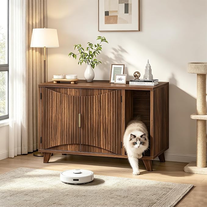 HOOBRO Cat Litter Box Enclosure, 31.5" Hidden Litter Box Furniture with Wave-Patterned Door & Side Entrance, Litter Box Cabinet with Raised Wooden Legs, Living Room End Side Table, Walnut WL28MW01