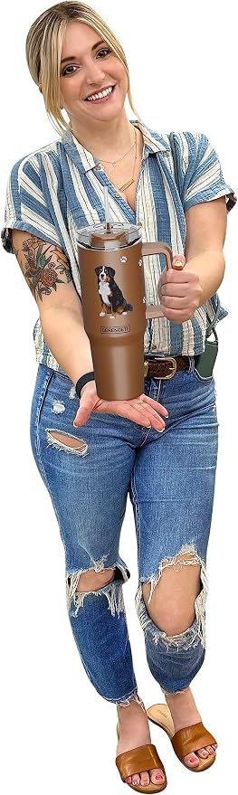 SERENGETI 40 Oz Ultimate Tumbler with Handle and Straw - Vacuum Insulated Tumbler with Straw and Lid - Stainless Steel Travel Mug for Pet Lovers - 3D Designs of your favorite Dog (Bernese Mt. Dog)