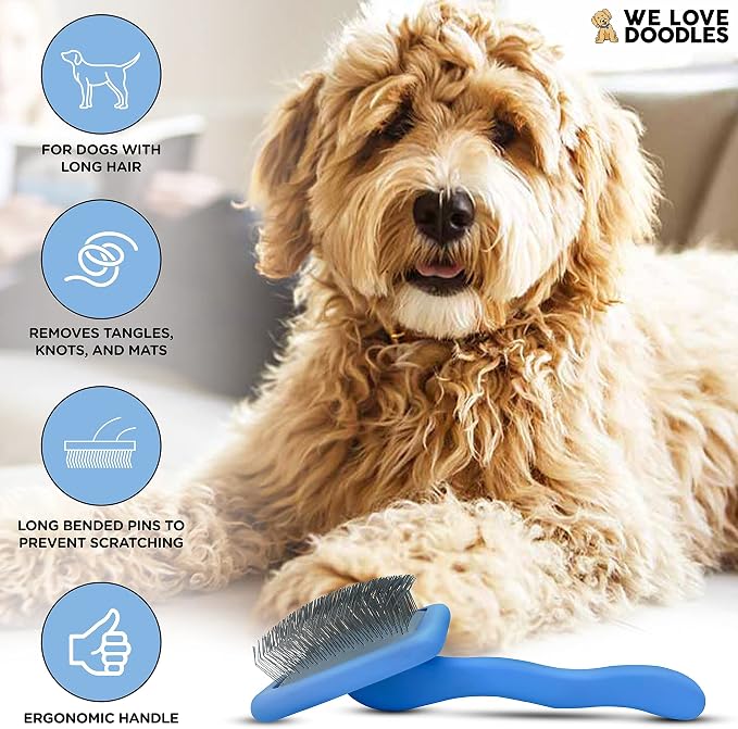 We Love Doodles Dog Eye Wipes & Dog Slicker Brush - Pre-Soaked Eye Wipes for Dogs, Tear Stain Remover for Dogs, Pet Eye Wipes, Long Pin Brush for Dematting, Dog Brush for Grooming Pet Hair