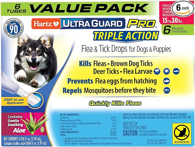 Hartz UltraGuard Pro Flea & Tick Topical Dogs & Puppies Treatment & Prevention, 6 Months, 15-30 lbs