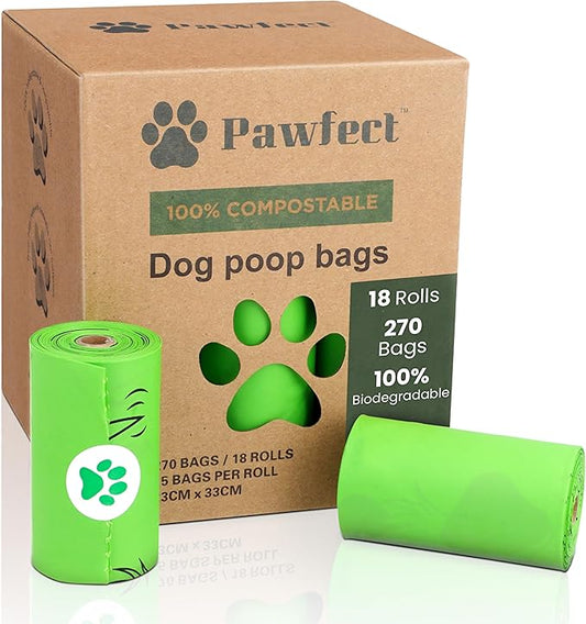 100% Home Compostable Dog Poop Bags - ASTM D6400 & EN 13432 Certified - 18 Rolls of Biodegradable Dog Poop Bags - 270 Bags