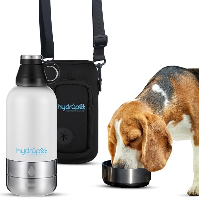 Hydropet Portable Dog Water Bottle (64 oz) – Stainless Steel, BPA-Free, Leak-Proof – Detachable Dog Water Bowl & Dog Food Bowl – Neoprene Carry Bag – Essential Dog Accessories for Daily Walks & Travel