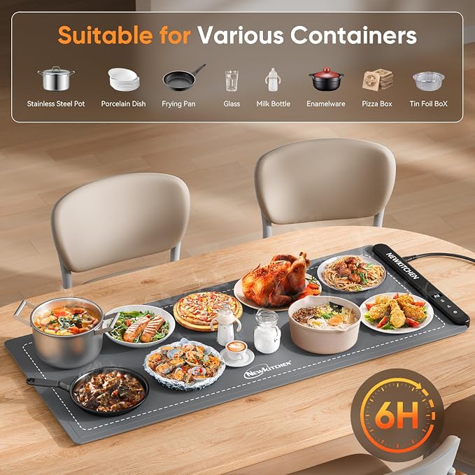 NEWKITCHEN Warming Mat for Food, (XXL 36"x16") Food Warming Mat for Countertop 6 Temp & 6 Hour Settings Upgrade Graphene Fast Full Surface Heating -Versatile Food Warmer for Gatherings, Parties