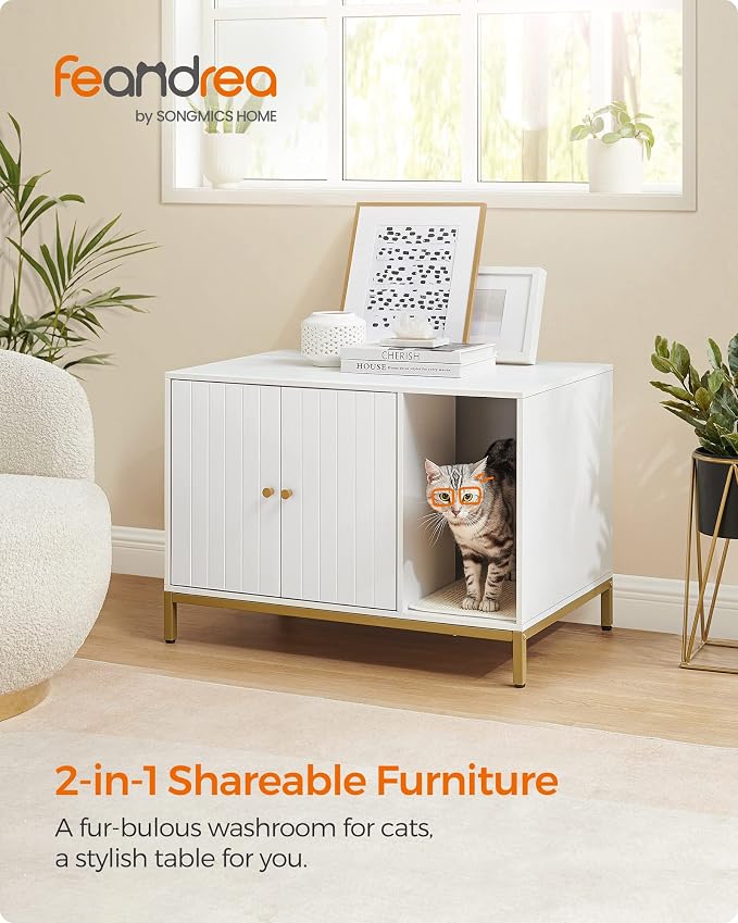 Feandrea Cat Litter Box Enclosure, Hidden Litter Box Furniture with Scratch Pad, Front Entry, Double Cabinet Doors, Modern Style, 31.5" Cat House Washroom Side End Table, White and Gold