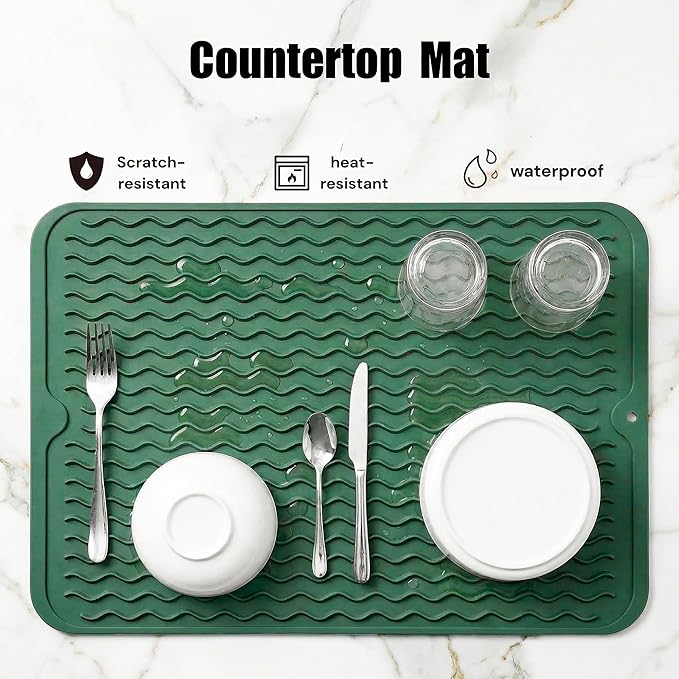 MicoYang Silicone Dish Drying Mat — Quick-Dry Ridges Counter & Sink Pad, Heat-Resistant Trivet to 450°F, Non-Slip & Dishwasher Safe, Roll-Up Storage, 18 Colors & 9 Sizes (Green, 16"×12")