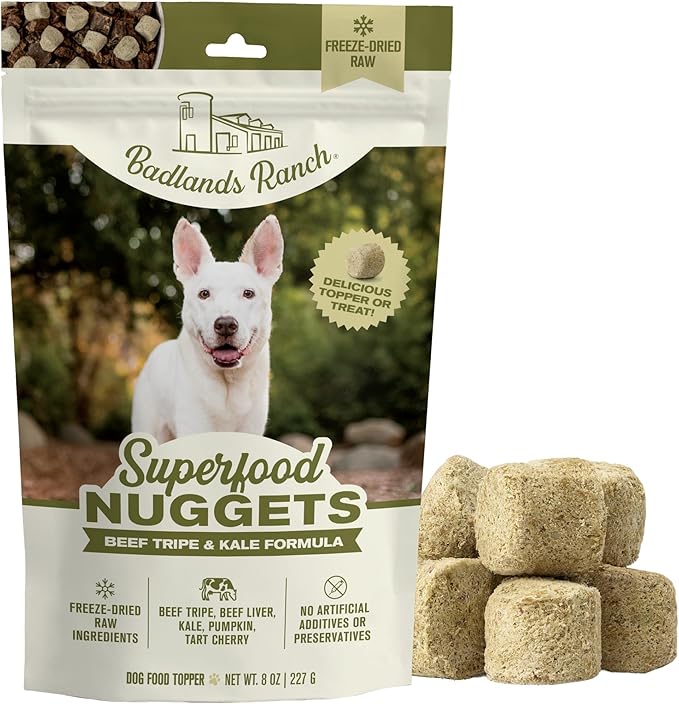 BADLANDS RANCH Superfood Nuggets – Freeze-Dried Raw Dog Treat & Food Topper, Nutrient-Dense Beef Tripe & Kale Formula, High Protein, No Artificial Additives, 8oz Bag