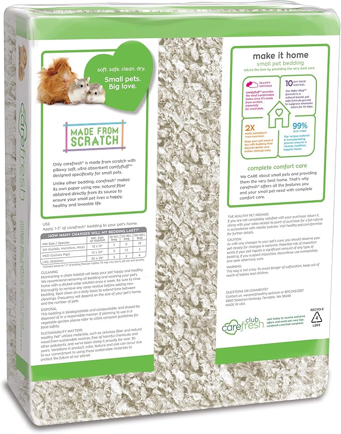 Carefresh 99% Dust-Free White Natural Paper Small Pet Bedding, Hamster Bedding, with Superior 10 Day Odor Control & Absorption, for Guinea Pigs, Hamsters, Rabbits, & Rats, 50 L